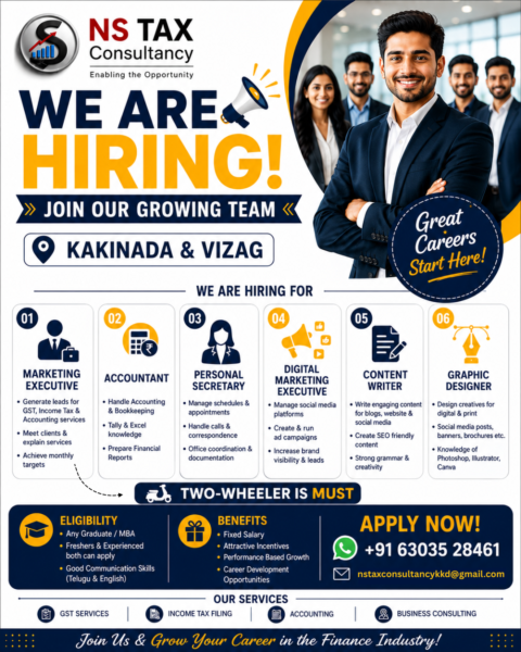 NS Tax Consultancy Hiring – Multiple Job Openings in Kakinada & Vizag