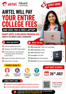 Bharti Airtel Scholarship Program 2026 – Full College Fee Support & Free Laptop