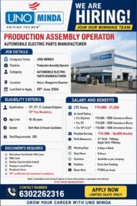 Production Assembly Operator Job in Uno Minda – Hosur (Bangalore Border)