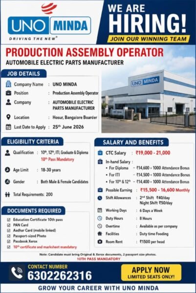 Production Assembly Operator Job in Uno Minda – Hosur (Bangalore Border)