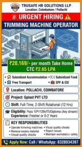 Trimming Machine Operator Jobs in Pollachi, Coimbatore | Freshers Hiring 2026