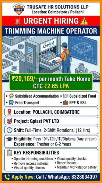 Trimming Machine Operator Jobs in Pollachi, Coimbatore | Freshers Hiring 2026