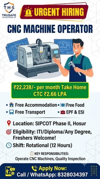 CNC Operator Jobs in Hosur 2026 | Freshers Hiring | Free Food & Accommodation